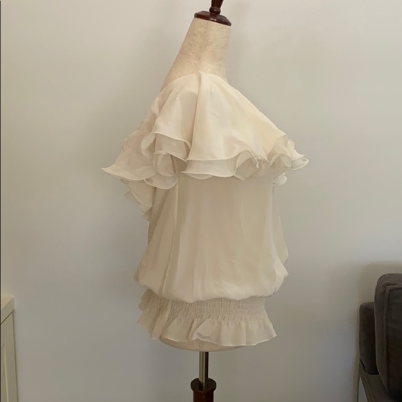 One shoulder size small flouncy cream silk top. - Picture 6 of 10